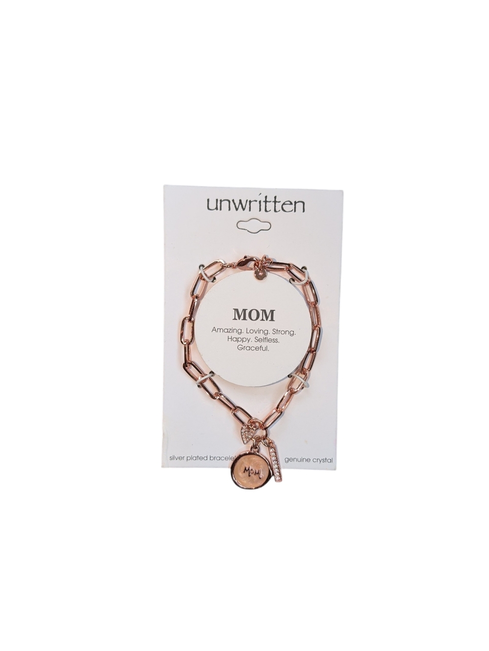 NWT Unwritten Rose Gold Tone Silver "MOM" Crystal Heart Charm Link Bracelet